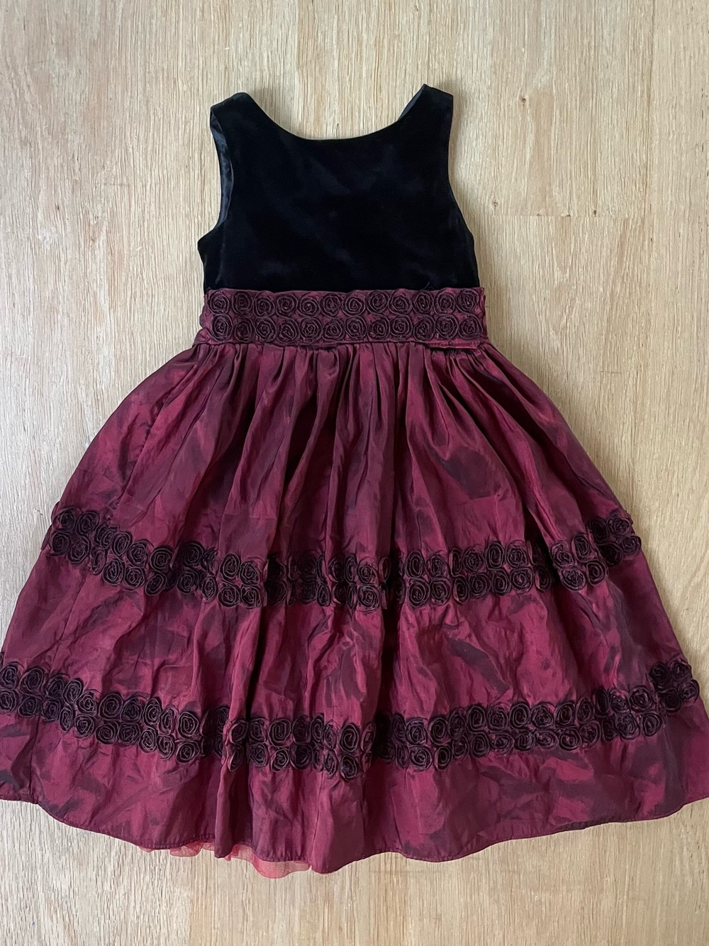 Sweet Heart Rose Black & Burgundy Floral Trim Velvet Bodice Dress